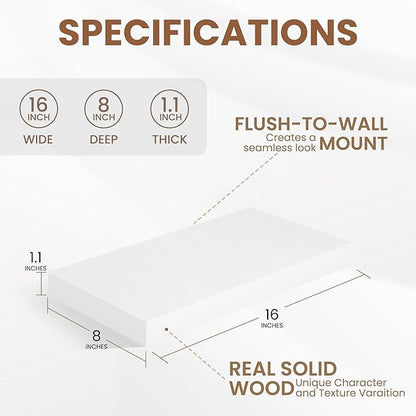 Floating Shelves for Wall, Real Wood Floating Shelf Set of 2, 8 Inch Deep Floating Shelves, Rustic Wood Wall Shelf for Home Decor, Deep Storage Shelves for Bathroom, Kitchen, 16"W x 8"D, White Color