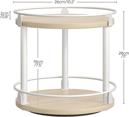 Lazy Susan Organizer, Rotating Spice Rack, 2 Tier Spice Turntable Organizer, Industrial Turntable Spice Holder, for Kitchen Countertop, Compact and Versatile, White and Light Oak SR22WG