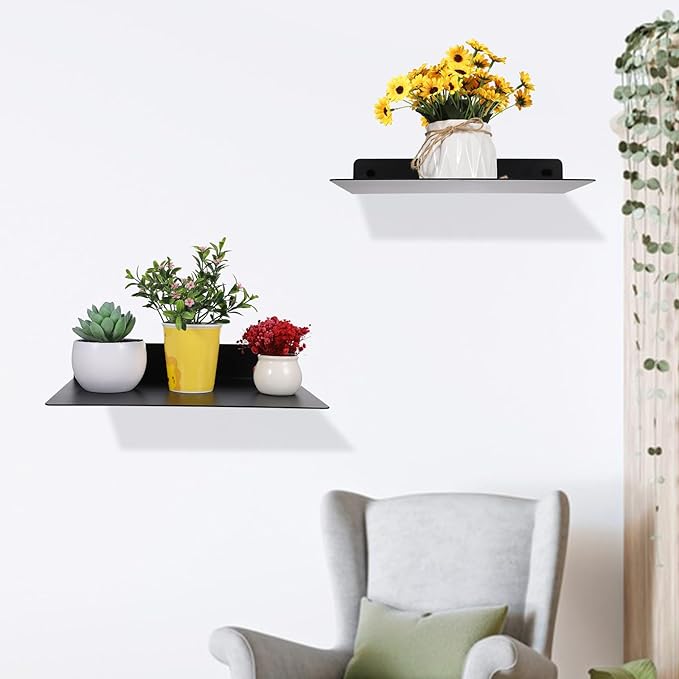 2 Pack Heavy Duty Metal Floating Shelves (12” x 8”) – Industrial Black Wall Mounted Shelves for Modern Home & Office Storage