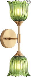 2-Lights Gold Wall Sconce with Green Glass Shades Modern Mid Century Bathroom Vanity Wall Light Fixtures Industrial Brushed Brass Wall Lamp for Bedroom Mirror Living Room