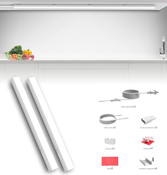 Under Cabinet Lighting Plug in, 12 Inch 2 Pcs, Linkable AC120V 3CCT 3000K/4000K/5000K Ultra Slim, LED Under Cabinet Lights for Counter Light, Kitchen, Shelf, Sink, Workshop, Desk，White