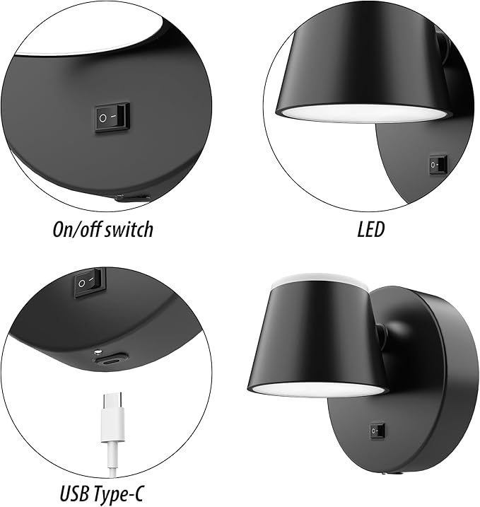URSOLA Battery Operated Wall Sconce with Remote, LED Rechargeable Battery Wall Light with 9000mAh 3CCT and Dimmable Magnetic 360° Rotation Cordless Light for Bedroom（Black）
