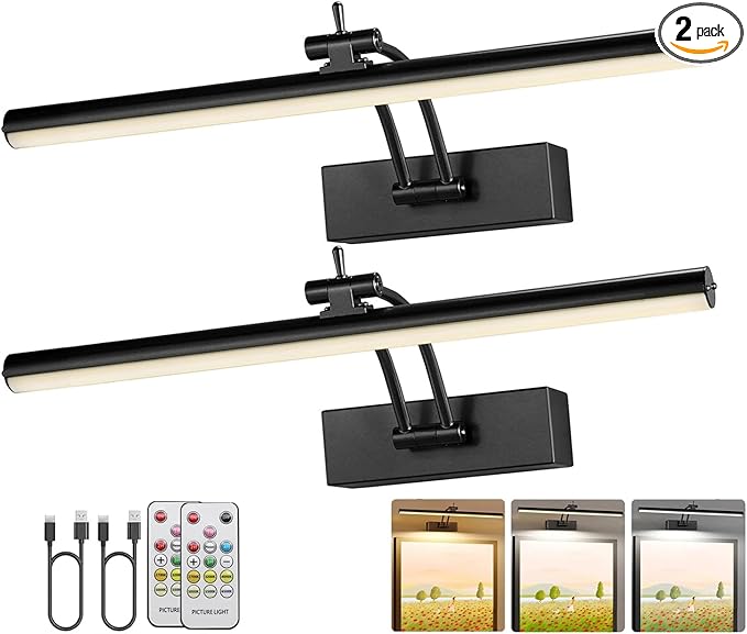 2 Pack Picture Lights for Wall Battery Operated, 12 inch Wireless Art Lighting for Painting, 6 Colors Picture Frame Lights with Remote, Dimmable 4200mAh Gallery Light, Black