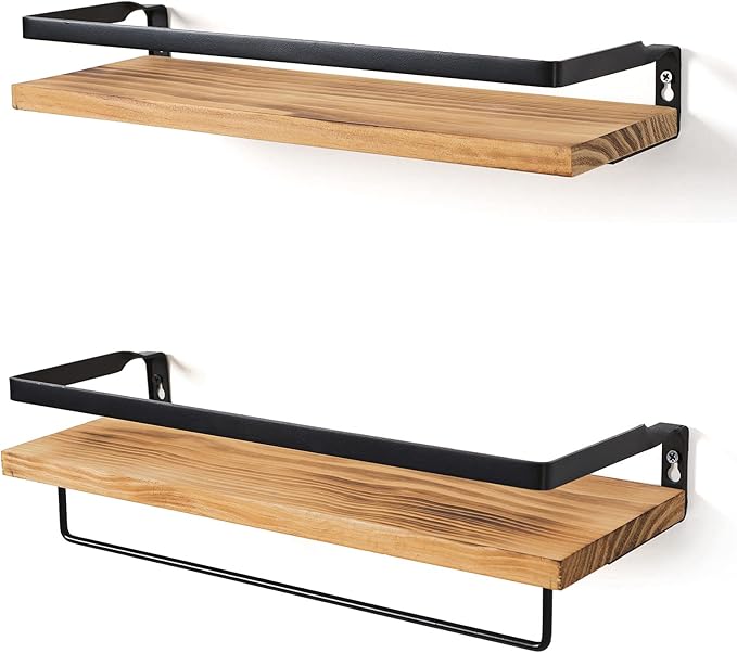 Floating Shelves for Wall, Bathroom Shelves with Towel Bar, Wall Mounted Storage Shelves for Kitchen, Bathroom, Set of 2 Carbonized Black