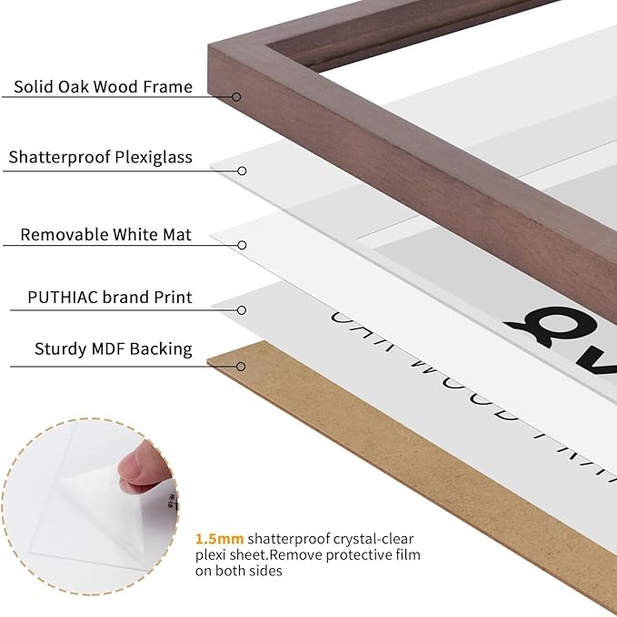 puthiac 8x8 Solid Oak Wood Picture Frame, Fits 4x4 with Mat or 8x8 Without Mat, Wall or Tabletop Display with Stand, Plexi Front, 1 Pack, Walnut