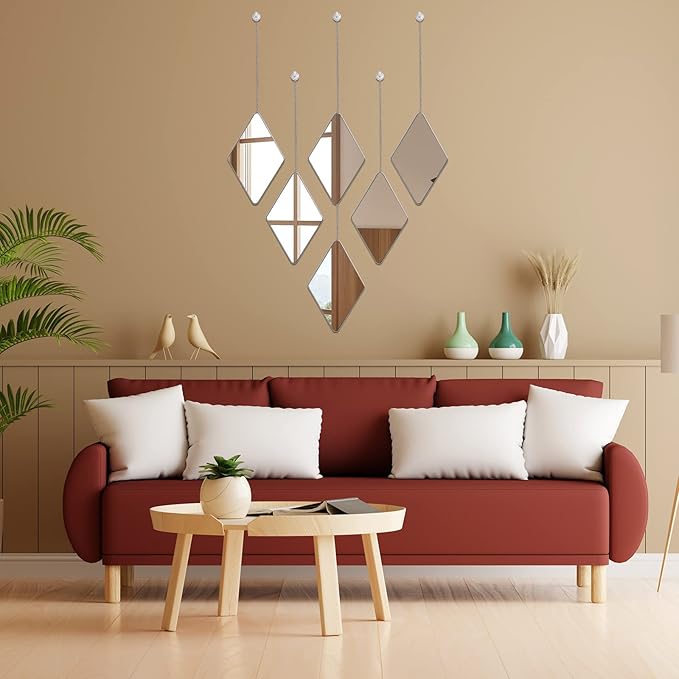 6 Pack Mirror Wall Decor Set with 2 Screwdriver Diamond Hanging Wall Mirror with Chain Silver Frame Decorative Chain Mirror for Home Living Room Entryways Bathroom Farmhouse Wall Decor, 10.8x6.7inches