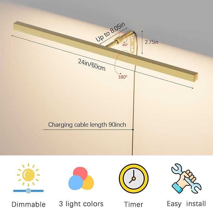 24" Plug in Picture Light for Paintings with Remote Control, 9W LED Art Display Lighting for Gallery, Dartboard, Artwork, Gold Finish Wall Mounted Picture Frame Light
