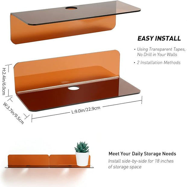 OAprire Acrylic Floating Shelves Set of 2 - Expand Wall Space - 9 Inch Small Adhesive Shelf for Bedroom, Bathroom, Kitchen, Living Room, Office with Cable Clips (Brown)