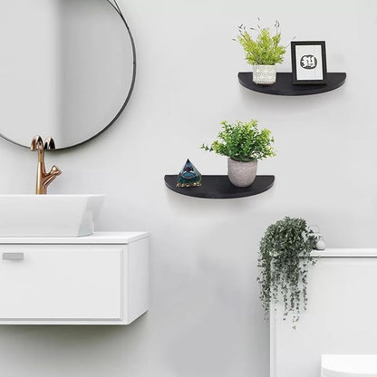 Small Floating Plant Shelves Set of 2 - Rustic Wood Half Circle Shelves for Bedroom Living Room Bathroom Kitchen Office (Black)