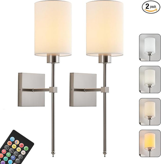 Battery Operated Wall Sconce Set of Two, Wireless Rechargeable Wall Light with Remote Control, Dimmable, 4 Color Temperatures, RGB, Timer, for Living Room,Bedroom,Entryway, Nickel, 20.6 Inch
