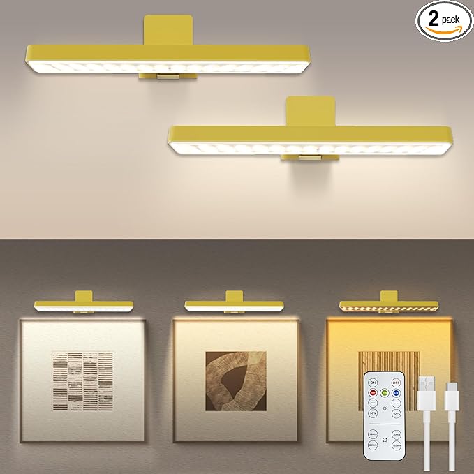 MIOBLUE 2Pack Rechargeable Picture Light with Remote, Wireless Battery Wall Light for Paintings, 3 Colors Paintings Dimmable and Timer Art Light for Display, Wall, Artwork, Gallery