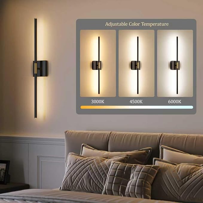 Battery Operated Wall Sconces Set of 2, Dimmable 3 Color Battery Wall Sconce with Remote, Black Gold LED Rechargeable Sconces, 24 Inch Modern Wireless Wall Lights for Bedroom, Living Room