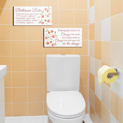 Jetec 2 Pieces Funny Bathroom Signs Bathroom Wall Decor Toilet Wall Accessories Farmhouse Toilet Rustic Wooden Signs, 12x6 Inch(Peach Style)