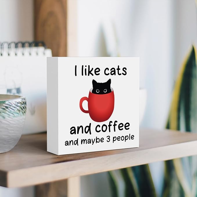 Coffee Bar Decor Sign, Office Desk Decoration, Black Cat Decoration, Coffee Desks Cats Gifts for Cats Lovers Desk Decor Wooden Box Sign for For Farmhouse Home Kitchen Bar Shelf Table