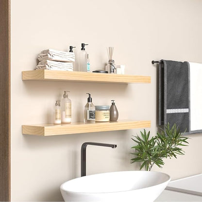 Habudda Floating Shelves for Wall, Bathroom Bedroom Kitchen Book Shelf, Rustic Wooden Home Decor Plant Display, Varnished Natural Solid Wood, Mounted Invisible Bracket, 30" Set of 2