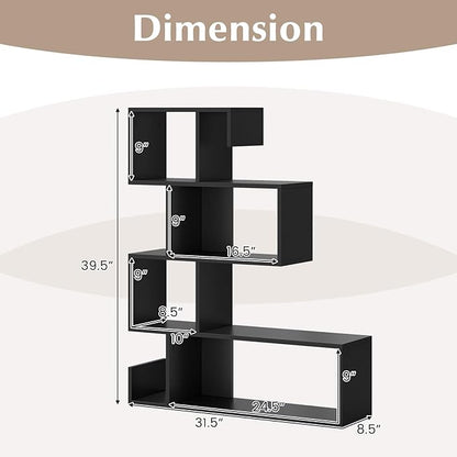 Giantex 5-Tier S-Shaped Bookshelf, Geometric Bookcase w/Open Cubes, Modern Decorative Display Shelf w/Anti-Toppling Kits, Freestanding Storage Rack for Living Room, Study, Home, Office, Black