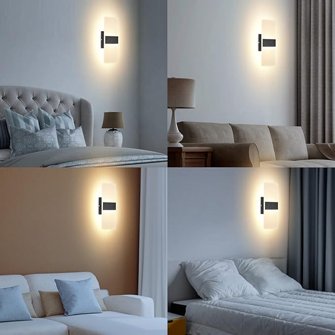 TRLIFE Dimmable LED Wall Sconces, Modern Wall Sconces Set of 2 Wall Mounted Lights 12W 3000K Warm White Hardwired Wall Sconce Lighting for Bedroom Bedside Bathroom Living Room Stairway(2 Pack, Black)