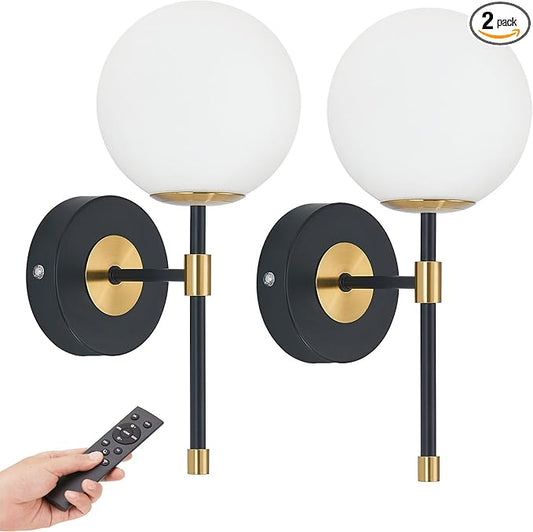 Battery Operated Wall Sconces Set of 2, Glass Globe Wireless Lights with Remote & Touch Control, Rechargeable Black & Gold Sconce, 3 Color Dimmable Ambient Lighting for Bedroom Living Room
