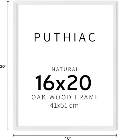 puthiac 16x20 Solid Oak Wood Picture Frame, Fits 12x16 with Mat or 16x20 Without Mat, Wall Display Only, Vertical or Horizontal, Plexi Front, 1 Pack, White