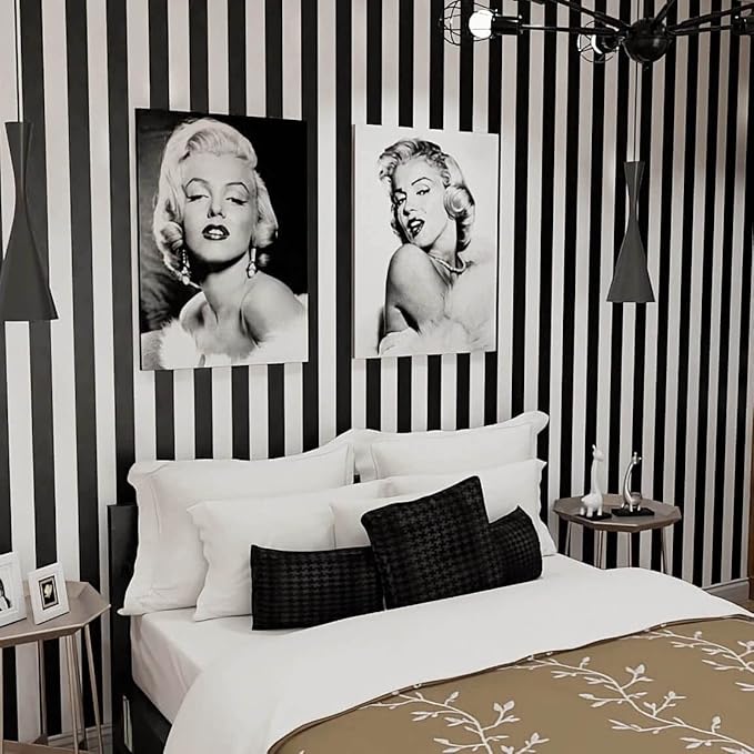 Black and White Striped Peel and Stick Wallpaper Self-Adhesive Removable Waterproof Wallpaper Wall Covering Cabinets Shelves Decorative A Set of 17.3