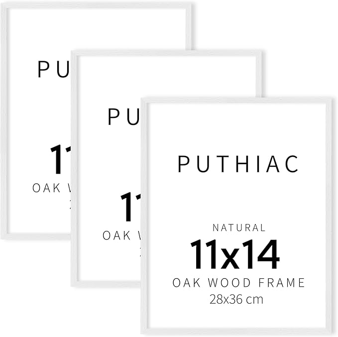 puthiac 11x14 Solid Oak Wood Picture Frame, Fits 8x10 with Mat or 11x14 Without Mat, Wall Display Only, Vertical or Horizontal, Plexi Front, 3 Pack, White