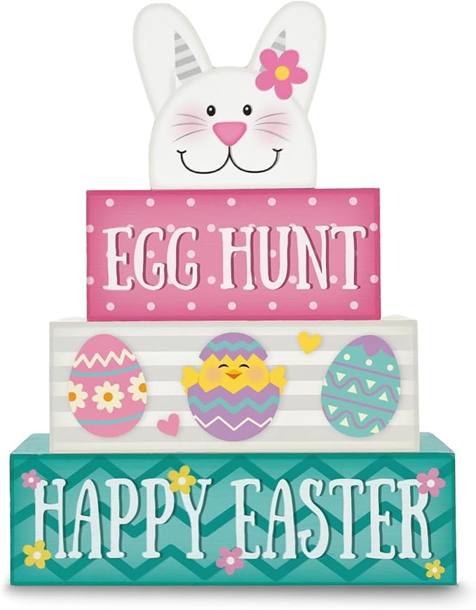 Easter Decorations, 4 Pcs Wooden Easter Table Decorations, Cute Bunny Tiered Tray Decor, Wooden Table Sign for Desk Shelf Mantel Coffee Bar, Indoor Home Decor