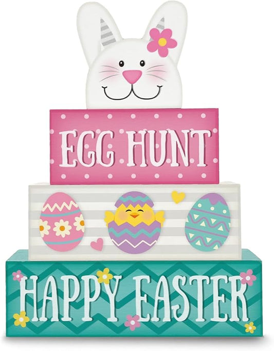 Easter Decorations, 4 Pcs Wooden Easter Table Decorations, Cute Bunny Tiered Tray Decor, Wooden Table Sign for Desk Shelf Mantel Coffee Bar, Indoor Home Decor