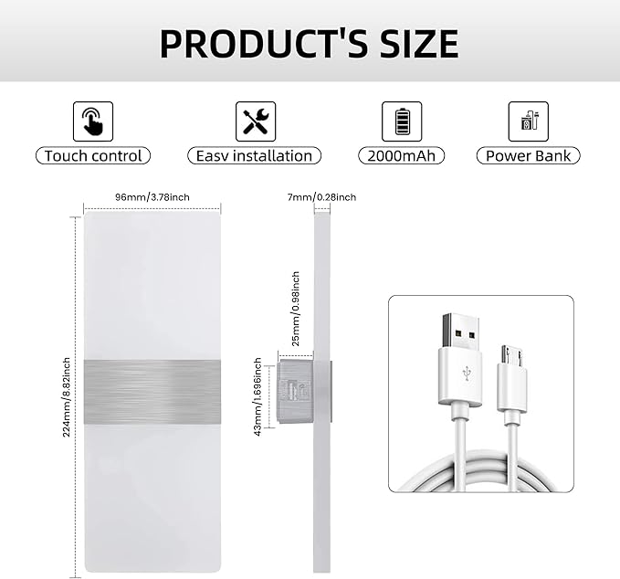 MEHIDFY Wall Sconces Sets of 2, Dimmable Touch Control Wall Lamp, Rechargeable LED Wall Sconces, Battery Operated Wall Lights, Bedside Lamp, Reading Light Bedroom with 4 Brightness (White)