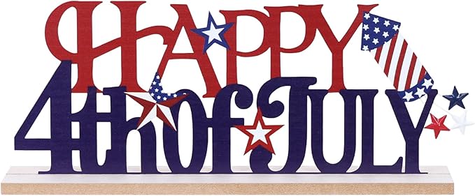 MEETYAMOR 4th of July Decorations, Metal Happy Fourth of July with Wooden Base, Patriotic Independence Day Decor for the Home, Memorial Day, Tiered Tray, Shelf, Table, Mantel