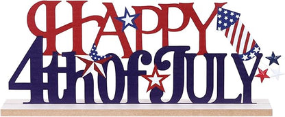 MEETYAMOR 4th of July Decorations, Metal Happy Fourth of July with Wooden Base, Patriotic Independence Day Decor for the Home, Memorial Day, Tiered Tray, Shelf, Table, Mantel
