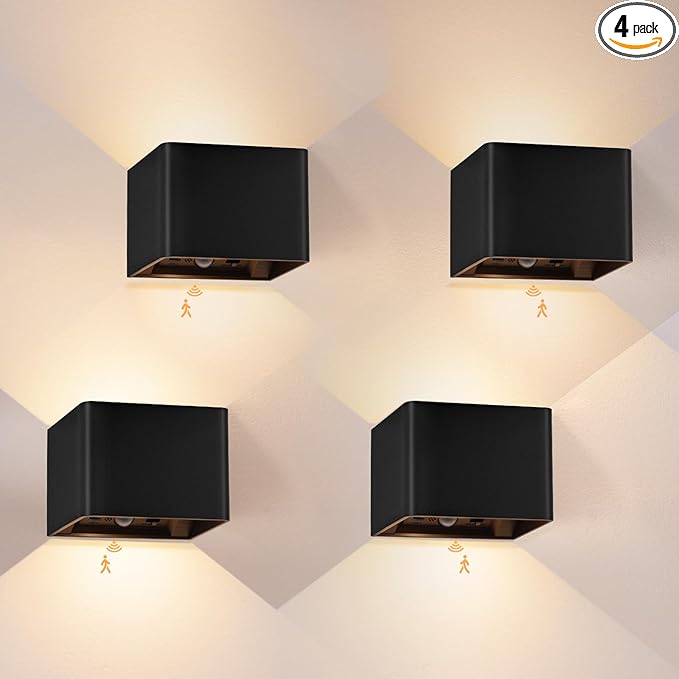 Motion Sensor Wall Sconces Indoor Set of 4, 6000mAh Wireless Rechargeable Battery Operated LED Wall Sconce Up & Down with Touch & Remote Control, Battery Powered Magnetic Wall Lamps with 3CCT, Black