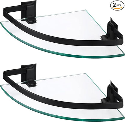 KES Bathroom Tempered Glass Shelf with Rail Extra 8 MM-Thick 2 Pack Aluminum Corner Triangle Storage Organizer Wall Mount Black, A4120A-BK-P2