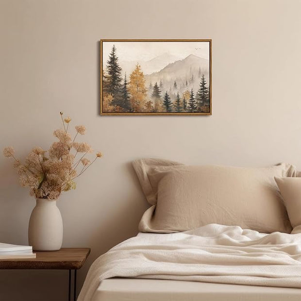 OIQArtOIQ Vintage Framed Wall Art Autumn Mountain Landscape Canvas Art Prints Fall Forest Rustic Farmhouse Pictures Wall Decor Modern Cottagecore Paintings Artwork For Bedroom Bathroom Living Room