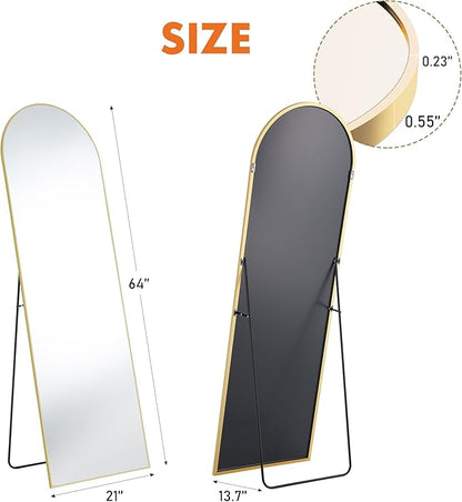 OLIXIS Arched Full Length Mirror 59"x16.3" for Bedroom, Full Body Mirror with Stand, Hanging or Leaning for Wall, Aluminum Alloy Thin Frame Floor Standing for Living Room, Long, Gold