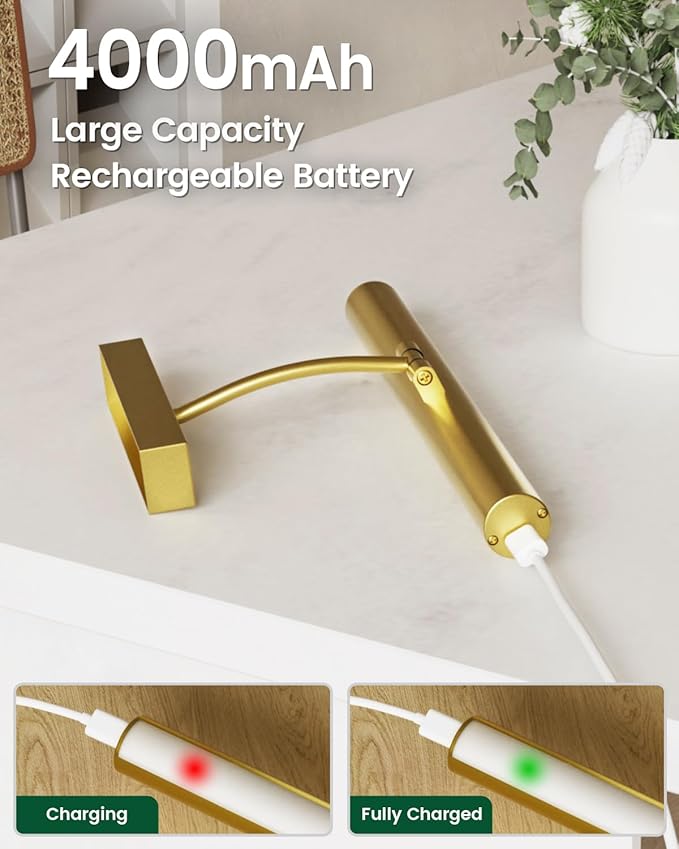 Bridika Picture Lights for Wall Battery Operated with Remote, 3 Color Modes and Dimmable Rechargeable Art Lights for Paintings, Gallery, Bedroom, Bathroom with Timer Gold 2