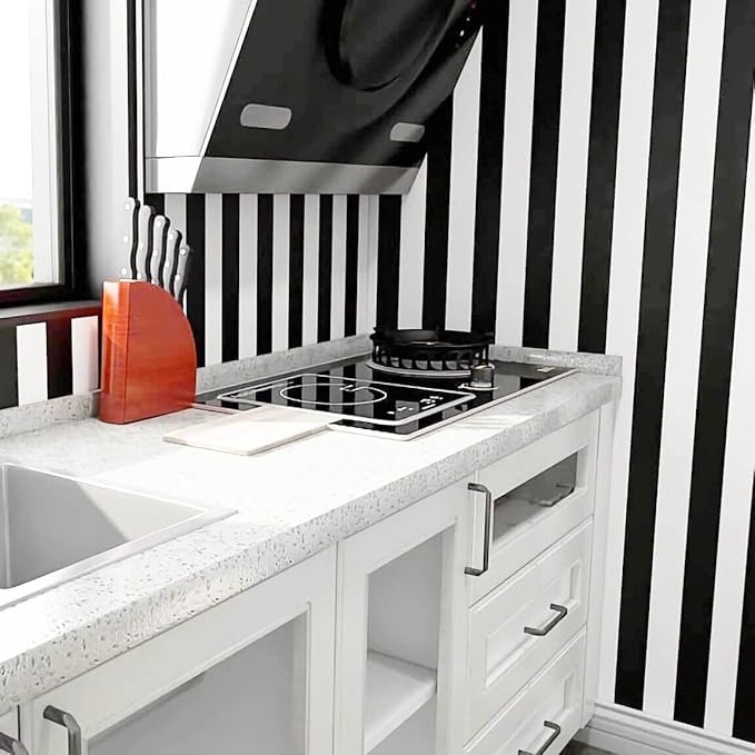 Black and White Striped Peel and Stick Wallpaper Self-Adhesive Removable Waterproof Wallpaper Wall Covering Cabinets Shelves Decorative A Set of 17.3