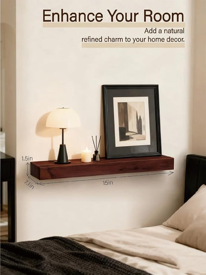 Solid Wood Floating Shelves,15in Finished Real Wood Wall Shelves with Heavy-Duty Hidden Bracket, Easy Installation, Set of 2, 15in x 7.1in x 1.5in, for Living Room Bedroom Kitchen,Walnut