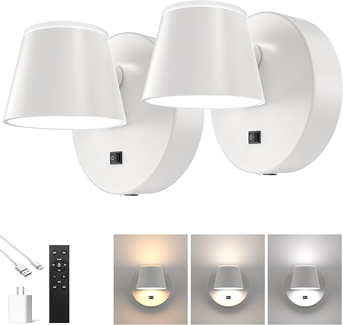 URSOLA Battery Operated Wall Lights Set of Two, LED Rechargeable Battery Wall Sconce with 9000mAh 3CCT and Dimmable Magnetic 360° Rotation Cordless Light for Bedroom（White）
