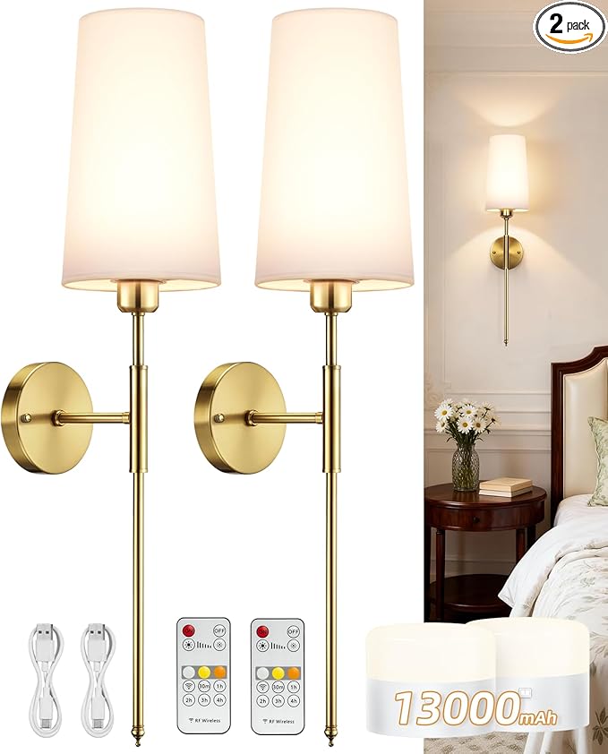 Battery Operated Wall Sconce Set of 2, 13000mAh Rechargeable Battery Powered Sconces with Remote Dimmable Fabric Shade Wireless Sconces Fixture for Bedroom Living Room