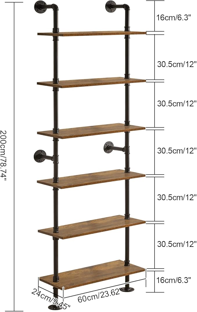 YMYNY Industrial Pipe Ladder Shelf, 6-Tier Wall Mounted Bookcase with Metal Frame, 78.7