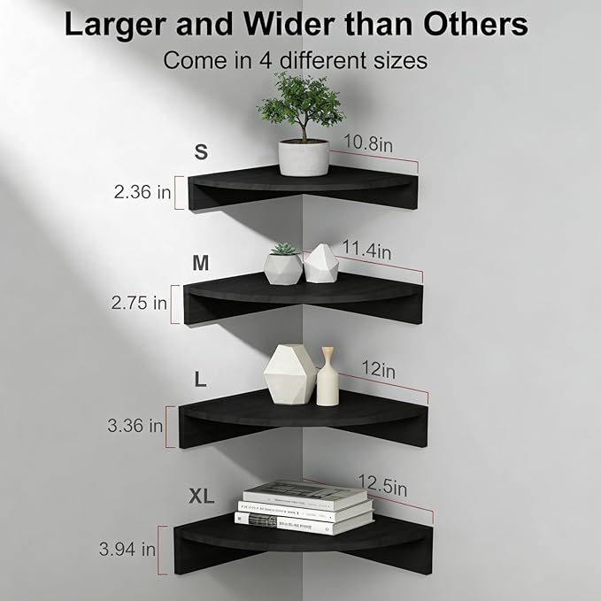 Alsonerbay Black Corner Wall Shelf, Floating Shelves Wall Mount Set of 4, Rustic Wood Shelves for Bedroom, Living Room, Bathroom, Entryway, Garage | for Bedroom, Living Room, Bathroom, Entryway, Garage