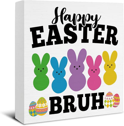 Easter Decor - Happy Easter Bruh Wooden Sign Home Living Room Bedroom Kitchen Bathroom Desk Table Shelf Decor - 5 x 5 Inches