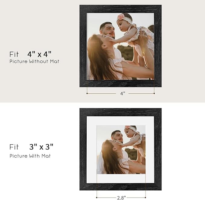 puthiac 4x4 Solid Oak Wood Picture Frame, Fits 3x3 with Mat or 4x4 Without Mat, Wall or Tabletop Display with Stand, Plexi Front, 3 Pack, Black