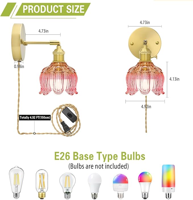 Plug in Wall Sconces,Plug in Wall Lamp, Vintage Wall Light with Pink Tulip Glass Lampshade, 3-Way Dimmable with Dual Switches, No Wiring Needed for Bedroom Wall Decor and Hallway