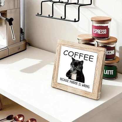 Funny Wood Coffee Sign Coffee Because Murder Is Wrong Humorous Coffees Sign Wall Art For Kitchen Office Bar Rustic Square Cafe Decor Plaque Coffees Themed Wall Decoration 5.9x5.9 Inch