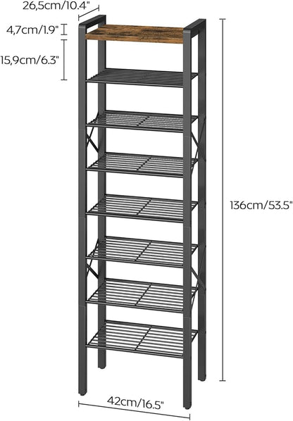 8-Tier Narrow Shoe Rack, Tall Shoe Rack for 8-16 Pairs, Slim Shoe Storage Organizer with Wooden Top, Space Saving, Metal Frame, for Entryway, Rustic Brown and Black SS608BR