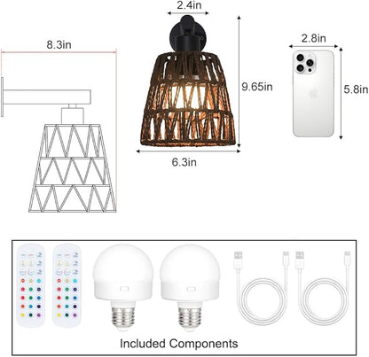 Boho Battery Operated Wall Sconce Set of 2, Brown Rattan Rechargeable Wall Lights with Dimmable Bulbs and Remote,15 Colors Wireless Wall Lamps for Bedroom Living Room Hallway Decor