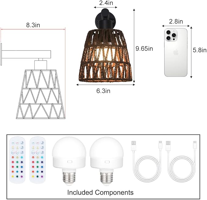 Boho Battery Operated Wall Sconce Set of 2, Brown Rattan Rechargeable Wall Lights with Dimmable Bulbs and Remote,15 Colors Wireless Wall Lamps for Bedroom Living Room Hallway Decor