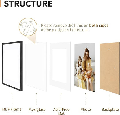 12x16 Picture Frame Set of 4, Displays 8x10 with Mat or 12x16 Without Mat, Photo Frames for Wall Hanging or Tabletop, Includes HD Plexiglass, Black