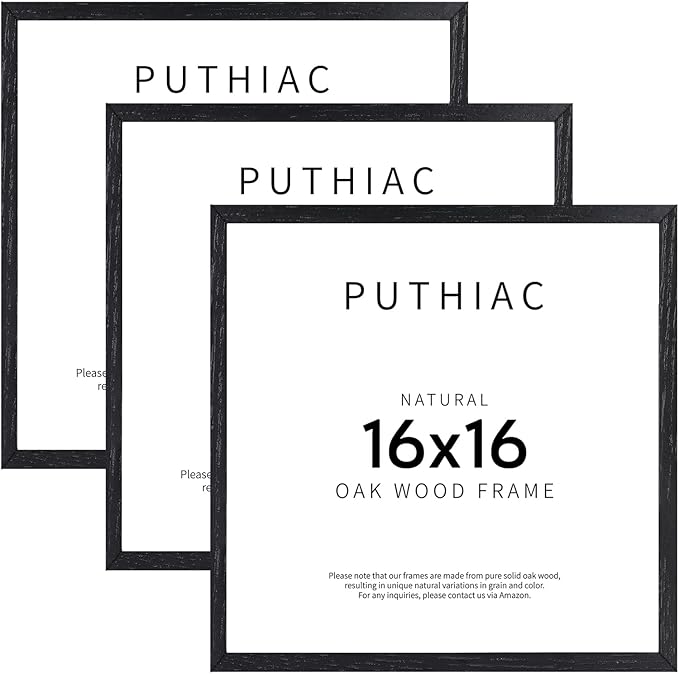 puthiac 16x16 Solid Oak Wood Picture Frame, Fits 12x12 with Mat or 16x16 Without Mat, Wall Display Only, Plexi Front, 3 Pack, Black